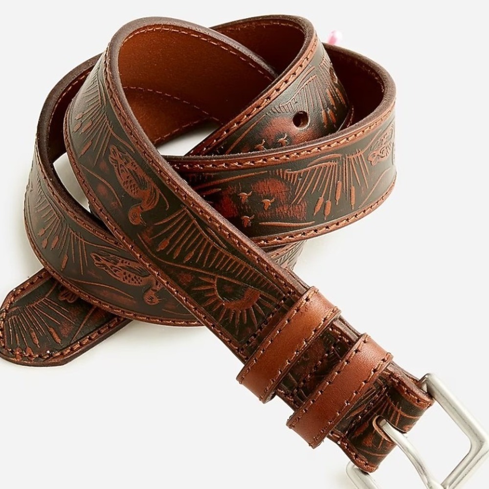 J.Crew Mens Embossed Genuine Italian leather dress belt Size 34 Tooled Heritage
